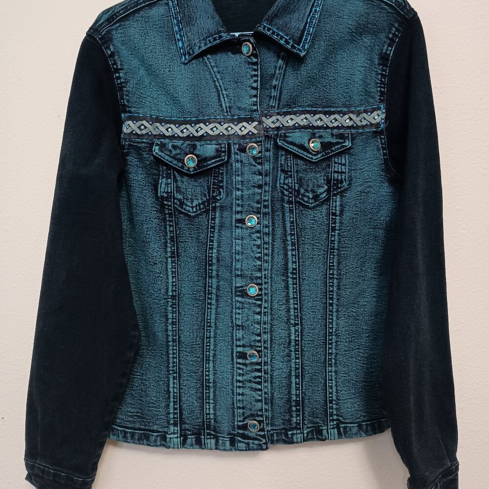Brazilian Laco Que Faco Rhinestone Stretchy Denim Jacket Size 46, Large